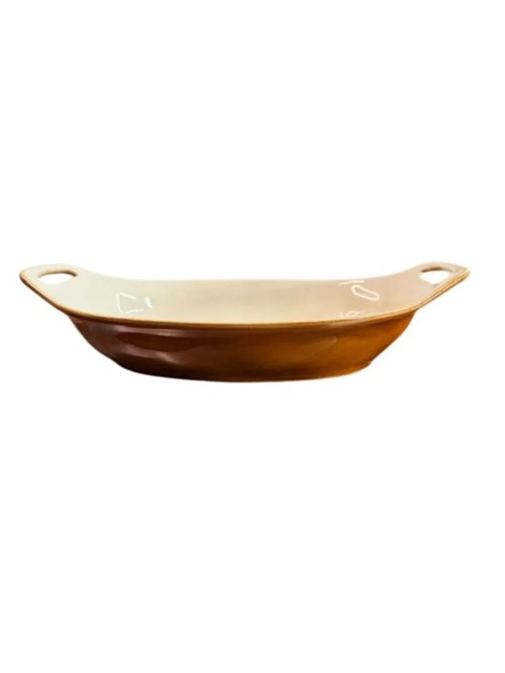 Pier 1 Imports Oval Stoneware Baking Dish Brown Cream Casserole Baker with Handl